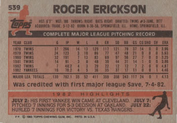 1983 Topps #539 Roger Erickson Back