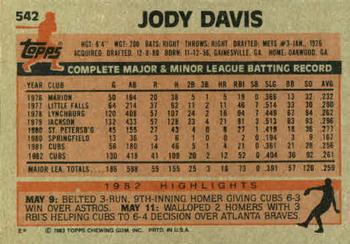 1983 Topps #542 Jody Davis Back