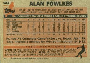 1983 Topps #543 Alan Fowlkes Back