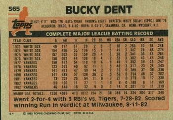 1983 Topps #565 Bucky Dent Back