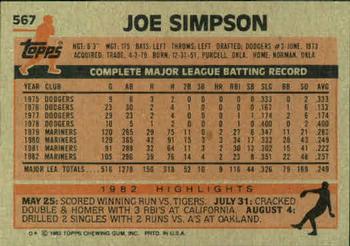 1983 Topps #567 Joe Simpson Back