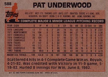 1983 Topps #588 Pat Underwood Back
