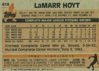 1983 Topps #618 LaMarr Hoyt Back