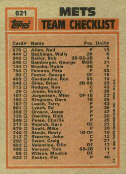 1983 Topps #621 Mets Leaders / Checklist (Mookie Wilson / Craig Swan) Back
