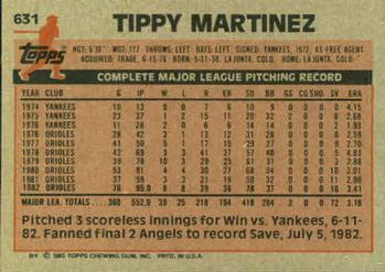 1983 Topps #631 Tippy Martinez Back