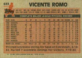 1983 Topps #633 Vicente Romo Back