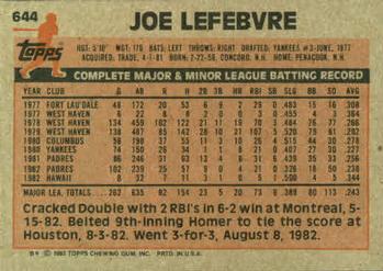1983 Topps #644 Joe Lefebvre Back