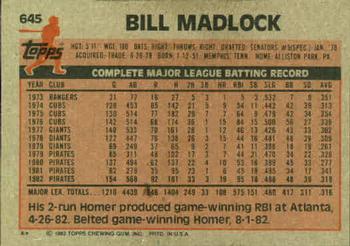 1983 Topps #645 Bill Madlock Back