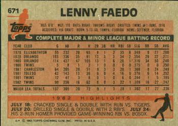 1983 Topps #671 Lenny Faedo Back