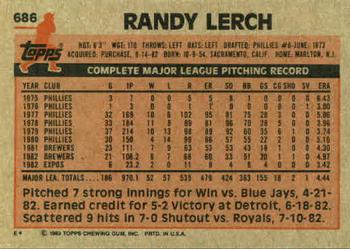 1983 Topps #686 Randy Lerch Back