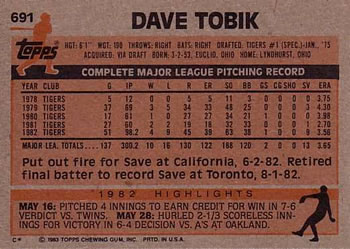 1983 Topps #691 Dave Tobik Back