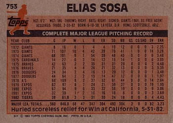 1983 Topps #753 Elias Sosa Back