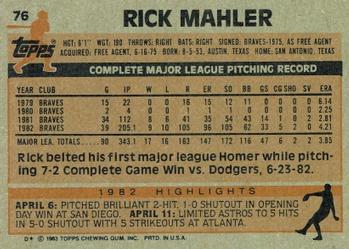 1983 Topps #76 Rick Mahler Back
