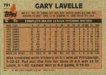 1983 Topps #791 Gary Lavelle Back