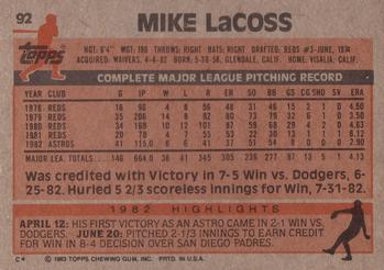 1983 Topps #92 Mike LaCoss Back