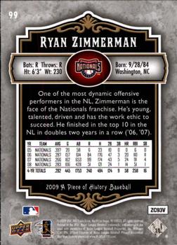 2009 Upper Deck A Piece of History #99 Ryan Zimmerman Back