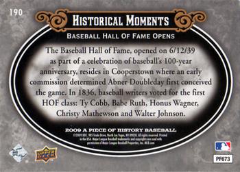 2009 Upper Deck A Piece of History #190 Baseball Hall of Fame Opens Back