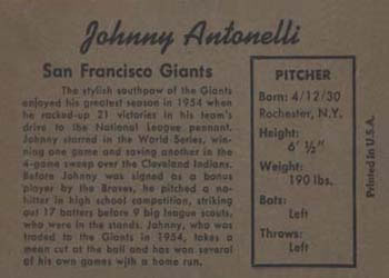 1958 Hires Root Beer Test #NNO Johnny Antonelli    Back