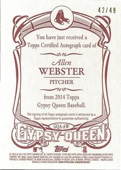 2014 Topps Gypsy Queen - Autographs Red #GQA-AW Allen Webster Back