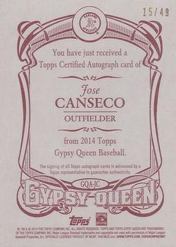 2014 Topps Gypsy Queen - Autographs Red #GQA-JC Jose Canseco Back