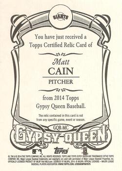 2014 Topps Gypsy Queen - Relics #GQR-MC Matt Cain Back