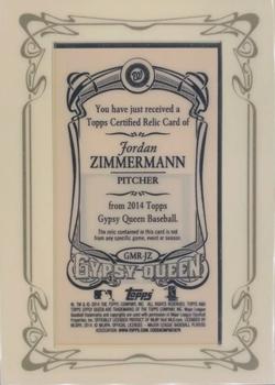 2014 Topps Gypsy Queen - Mini Relics #GMR-JZ Jordan Zimmermann Back