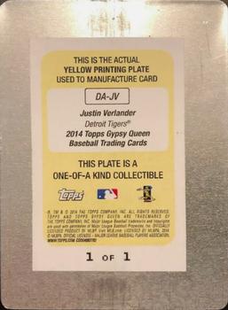 2014 Topps Gypsy Queen - Dealing Aces Printing Plates Yellow #DA-JV Justin Verlander Back