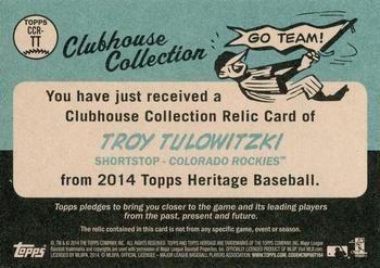2014 Topps Heritage - Clubhouse Collection Relics Gold #CCR-TT Troy Tulowitzki Back