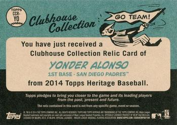2014 Topps Heritage - Clubhouse Collection Relics Gold #CCR-YO Yonder Alonso Back