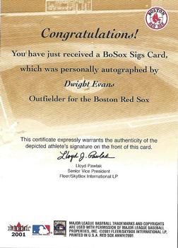 2001 Fleer Boston Red Sox 100th Anniversary - BoSox Sigs #NNO Dwight Evans Back