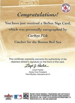 2001 Fleer Boston Red Sox 100th Anniversary - BoSox Sigs #NNO Carlton Fisk Back