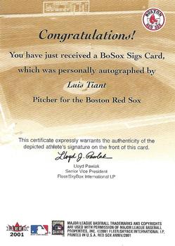 2001 Fleer Boston Red Sox 100th Anniversary - BoSox Sigs #NNO Luis Tiant Back