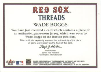 2001 Fleer Boston Red Sox 100th Anniversary - Red Sox Threads #NNO Wade Boggs Back
