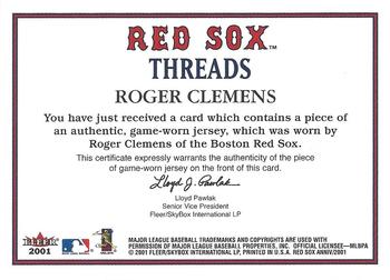 2001 Fleer Boston Red Sox 100th Anniversary - Red Sox Threads #NNO Roger Clemens Back
