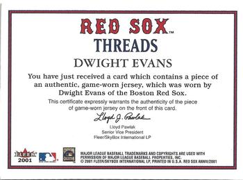 2001 Fleer Boston Red Sox 100th Anniversary - Red Sox Threads #NNO Dwight Evans Back