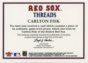 2001 Fleer Boston Red Sox 100th Anniversary - Red Sox Threads #NNO Carlton Fisk Back