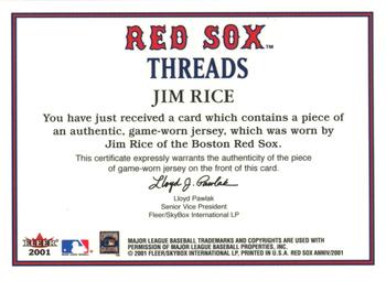 2001 Fleer Boston Red Sox 100th Anniversary - Red Sox Threads #NNO Jim Rice Back