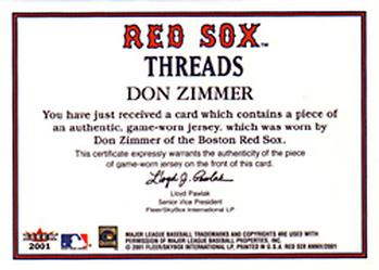 2001 Fleer Boston Red Sox 100th Anniversary - Red Sox Threads #NNO Don Zimmer Back