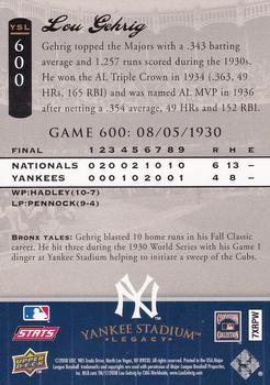 2008 Upper Deck Yankee Stadium Legacy #600 Lou Gehrig Back