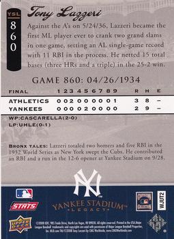 2008 Upper Deck Yankee Stadium Legacy #860 Tony Lazzeri Back
