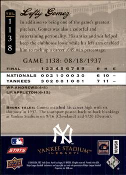 2008 Upper Deck Yankee Stadium Legacy #1138 Lefty Gomez Back