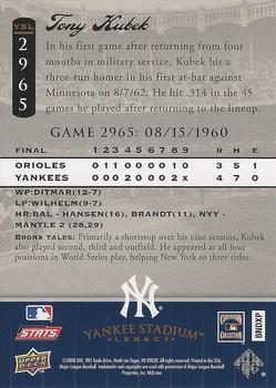2008 Upper Deck Yankee Stadium Legacy #2965 Tony Kubek Back