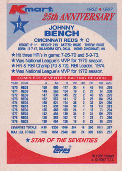 1987 Topps Kmart 25th Anniversary #12 Johnny Bench Back