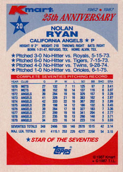 1987 Topps Kmart 25th Anniversary #20 Nolan Ryan Back