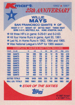 1987 Topps Kmart 25th Anniversary #8 Willie Mays Back
