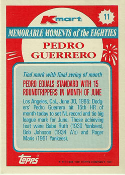 1988 Topps Kmart Memorable Moments #11 Pedro Guerrero Back
