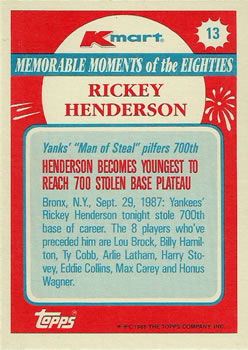 1988 Topps Kmart Memorable Moments #13 Rickey Henderson Back