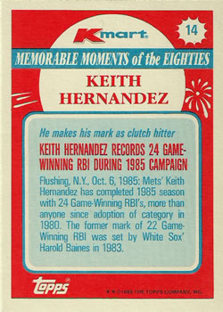 1988 Topps Kmart Memorable Moments #14 Keith Hernandez Back