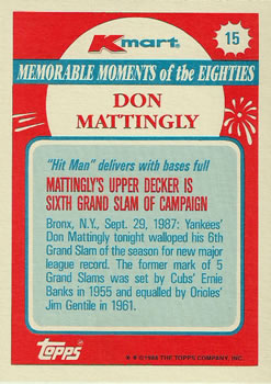1988 Topps Kmart Memorable Moments #15 Don Mattingly Back