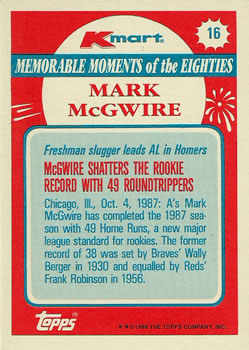 1988 Topps Kmart Memorable Moments #16 Mark McGwire Back